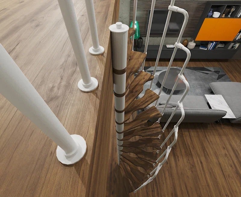 Винтовая лестница Smart White, левая. Проём 1400×700 мм, высота 2520–2760 мм. Береза мультиплекс.