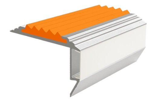 Самоклеющийся алюминиевый анодированный накладной угол-порог GlowStep-45 с светодиодной подсветкой 45 мм 2 метра матовое серебро  цвет вставки оранжевый