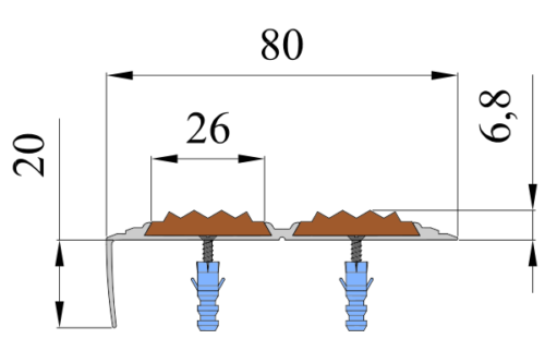 Противоскользящий угол-порог с двумя вставками 80 мм/6,8 мм коричневый 2 м