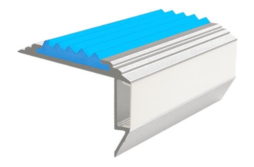 Самоклеющийся алюминиевый анодированный накладной угол-порог GlowStep-45 с светодиодной подсветкой 45 мм 2 метра матовое серебро  цвет вставки голубой
