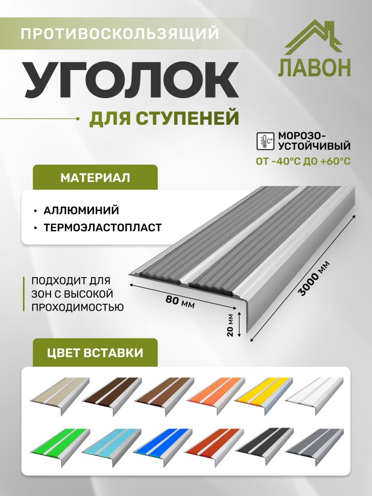 Противоскользящий угол-порог с двумя вставками 80 мм/6,8 мм серый 3 м