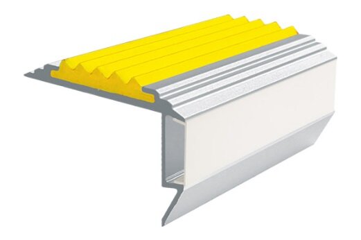 Самоклеющийся алюминиевый анодированный накладной угол-порог GlowStep-45 с светодиодной подсветкой 45 мм 2 метра матовое серебро, цвет вставки желтый