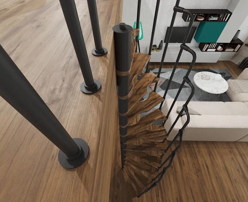 Винтовая лестница Smart Black, левая. Проём 1400×700 мм, высота 3220–3450 мм. Береза мультиплекс.