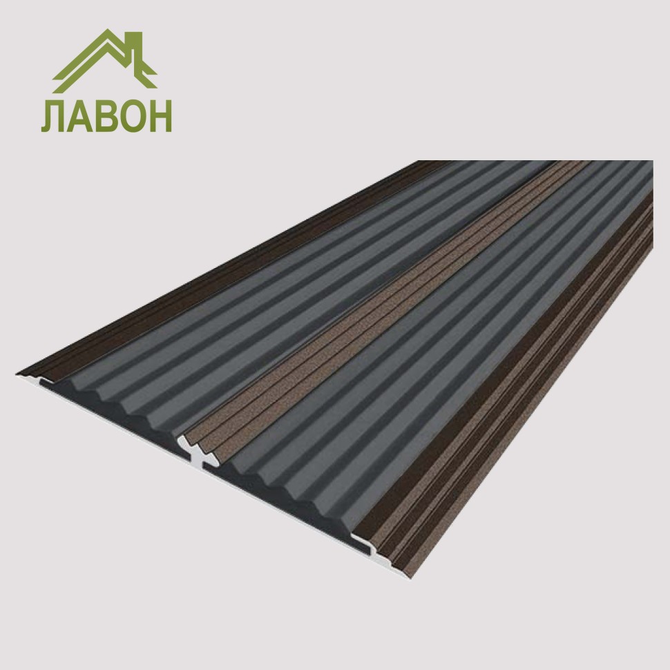 Анодированная полоса с двумя вставками против скольжения 70 мм/5,5 мм 1,5 метра матовая коньяк, цвет вставки серый