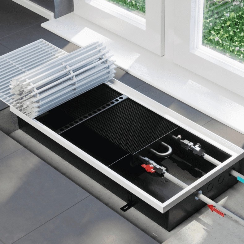 Конвектор Wilma Vitron внутрипольный с естественной конвекцией ширина 300мм глубина 90мм длина 1800мм 4хтрубный теплообменник