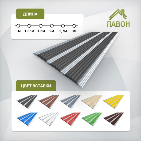 Противоскользящая полоса с тремя вставками 100 мм/5,6 мм черная 1 метр