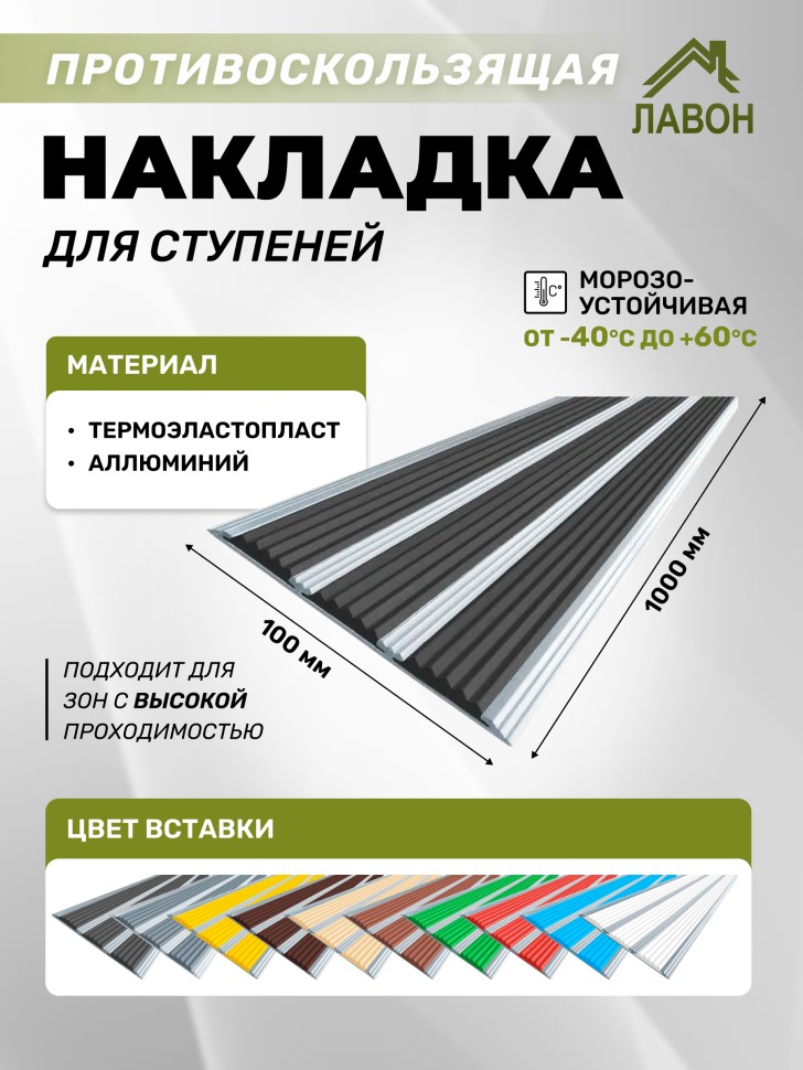Противоскользящая полоса с тремя вставками 100 мм/5,6 мм черная 1 метр