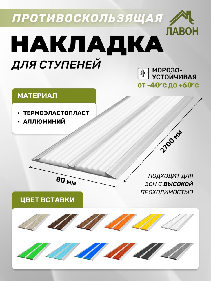 Противоскользящая полоса-порог с двумя вставками 80 мм/6,8 мм белая 2,7 м