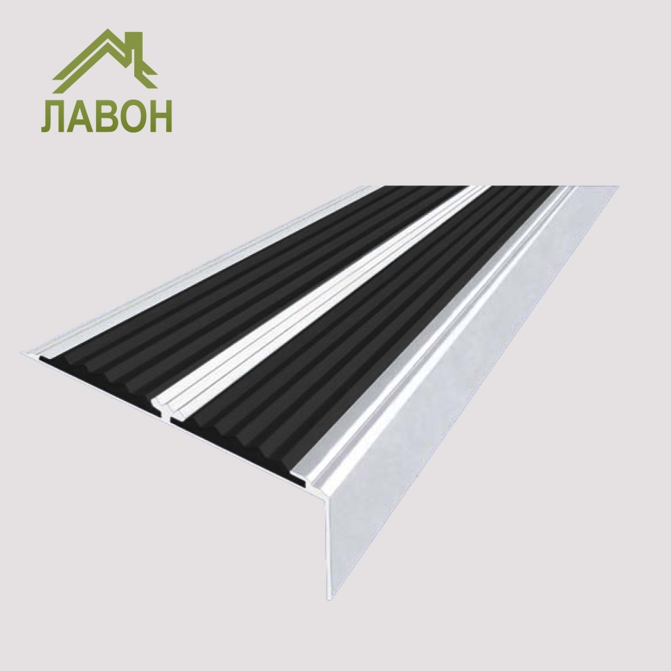 Анодированный угол-порог с двумя вставками против скольжения 70 мм/5,5 мм/22,5 мм матовое серебро, цвет вставки черный 1 метр