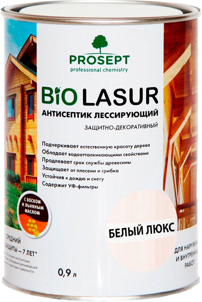Антисептик лессирующий защитно-декоративный PROSEPT BiO LASUR / белый люкс / 0,9 л (упак. 12 шт)