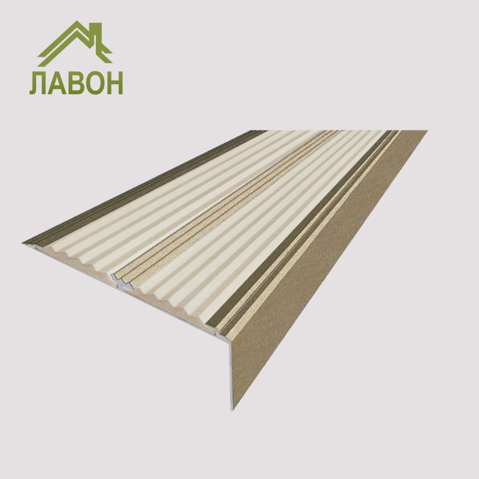 Анодированный угол-порог с двумя вставками против скольжения 70 мм/5,5 мм/22,5 мм матовый шампань, цвет вставки бежевый 1,5 метра