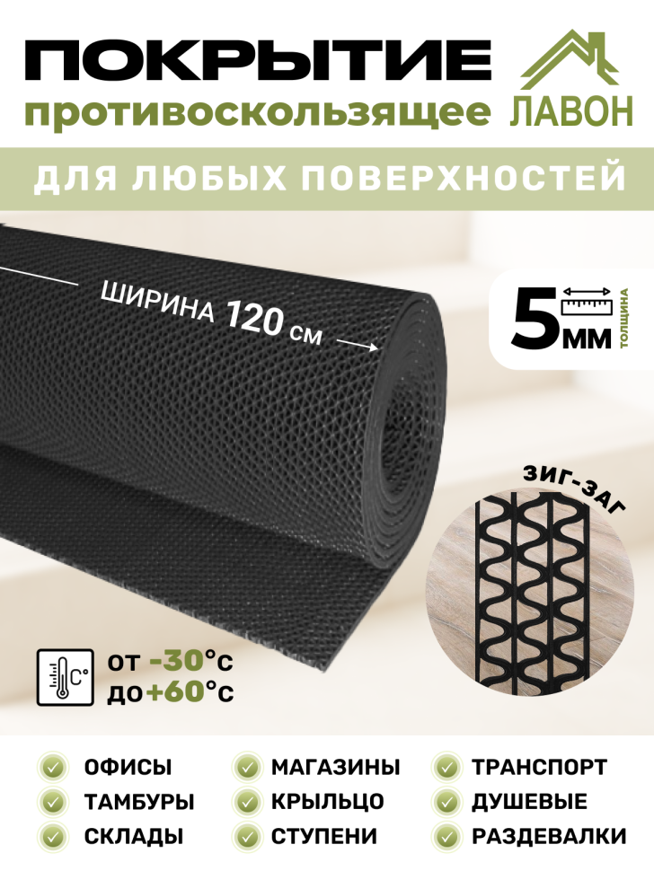Противоскользящее покрытие Зиг-Заг Черное 1,2 х 15 м без подложки (сквозные ячейки), толщина 4,5мм