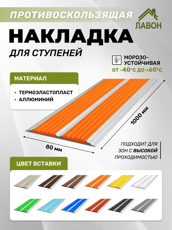 Противоскользящая полоса-порог с двумя вставками 80 мм/6,8 мм оранжевая 1 метр
