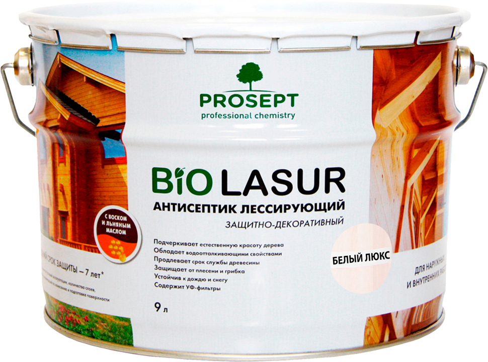 Антисептик лессирующий защитно-декоративный PROSEPT BiO LASUR / белый люкс /  9 л
