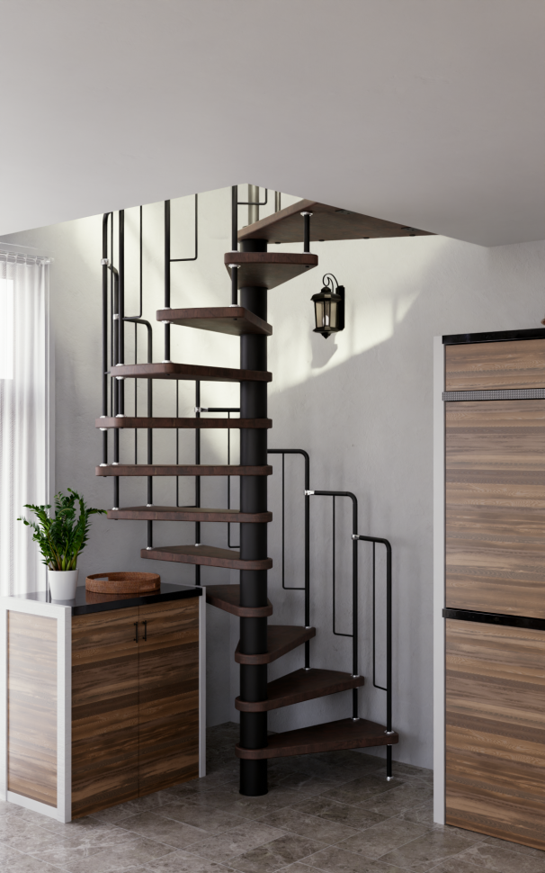 Винтовая лестница Spiral Loft Black D120, левая. Проём 1230×1230 мм, высота 2730–2990 мм. Бук сращенный.