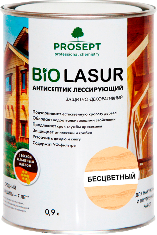 Антисептик лессирующий защитно-декоративный PROSEPT BiO LASUR / бесцветный / 0,9 л (упак. 12 шт)