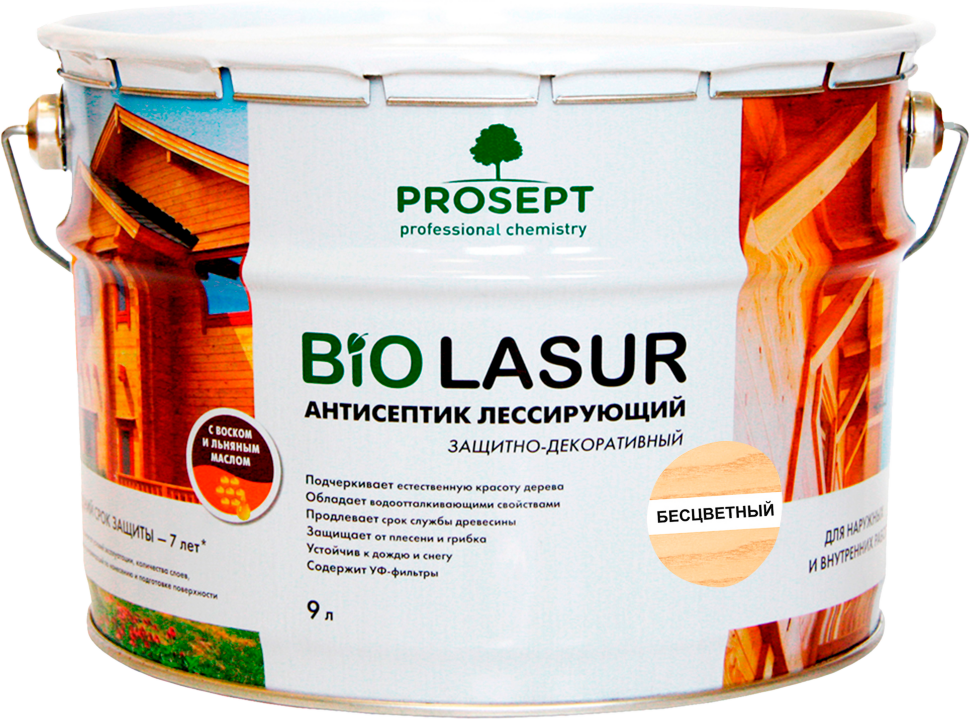 Антисептик лессирующий защитно-декоративный PROSEPT BiO LASUR / бесцветный /  9 л