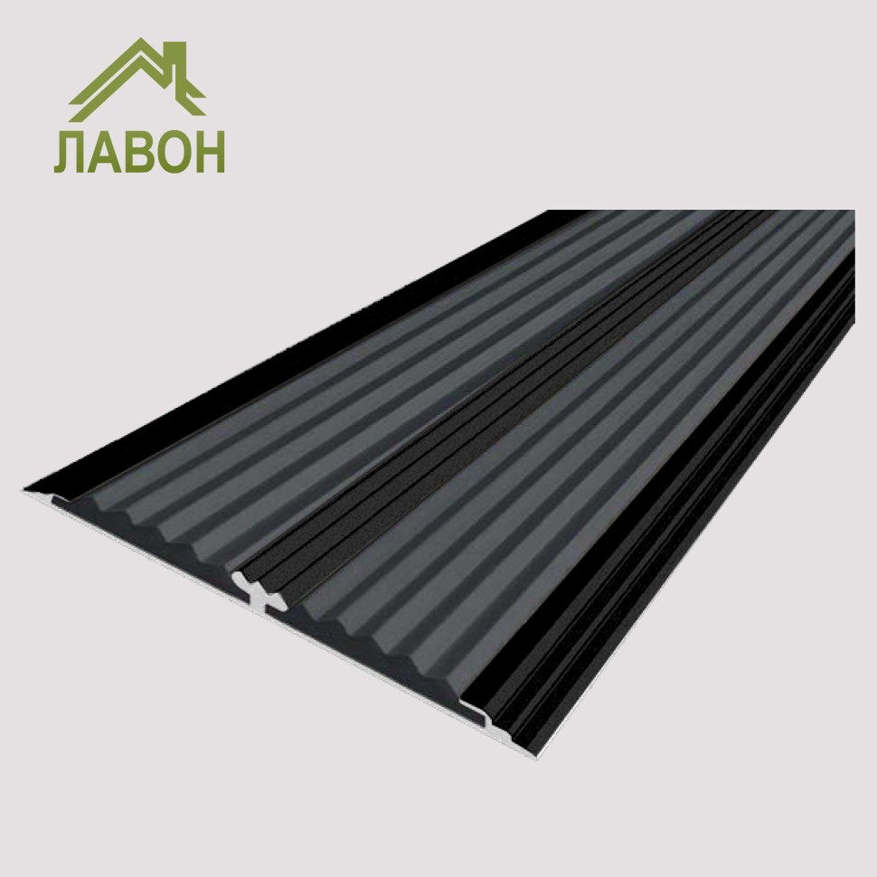 Анодированная полоса с двумя вставками против скольжения 70 мм/5,5 мм 3 метра матовая черная, цвет вставки серый