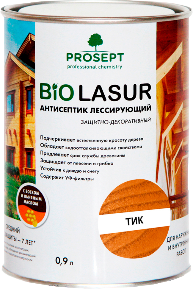 Антисептик лессирующий защитно-декоративный PROSEPT BiO LASUR / тик / 0,9 л (упак. 12 шт)