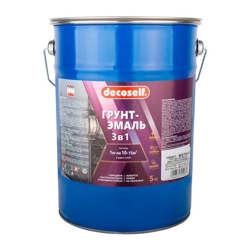 Грунт-эмаль Pufas Decoself 3 в 1 матовая серая (5 кг)