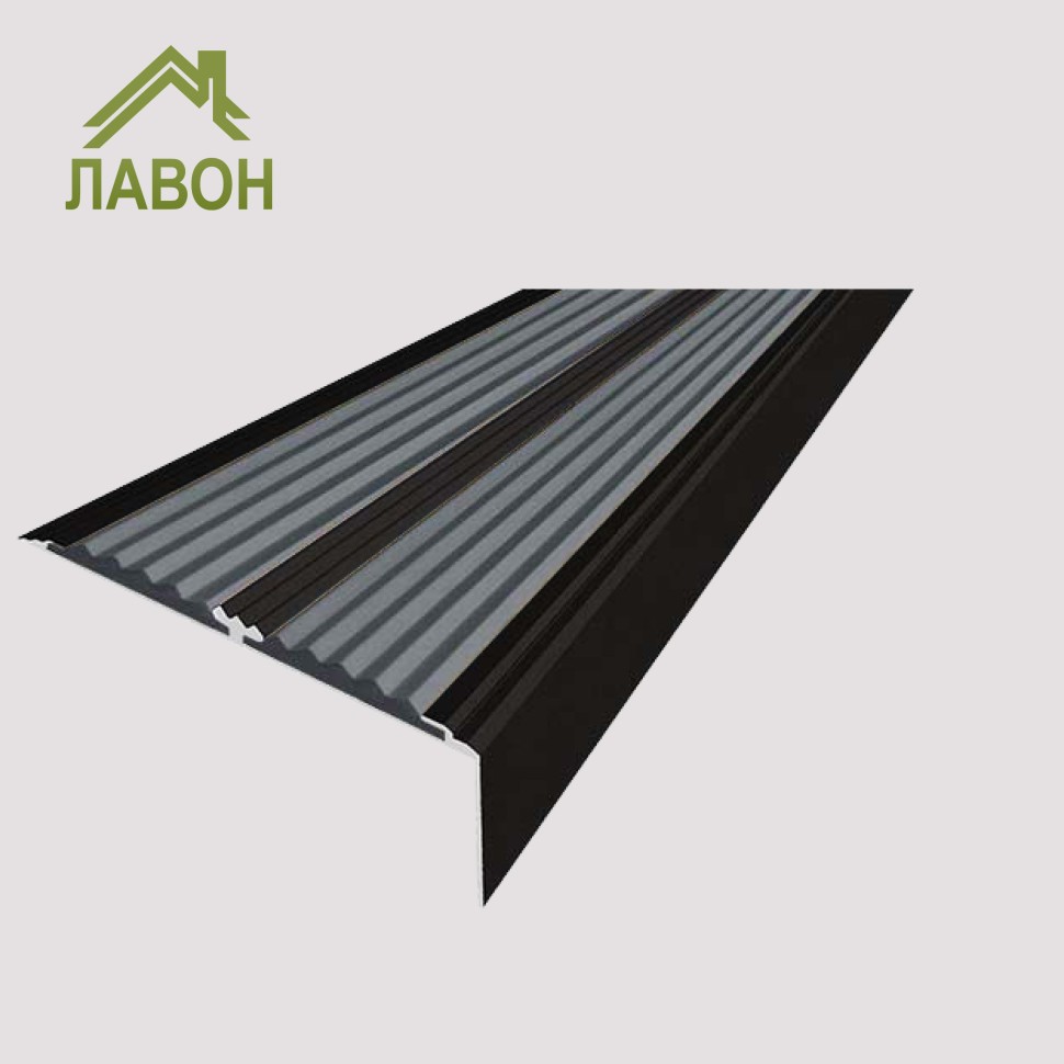 Анодированный угол-порог с двумя вставками против скольжения 70 мм/5,5 мм/22,5 мм матовый черный, цвет вставки серый 1,5 метра