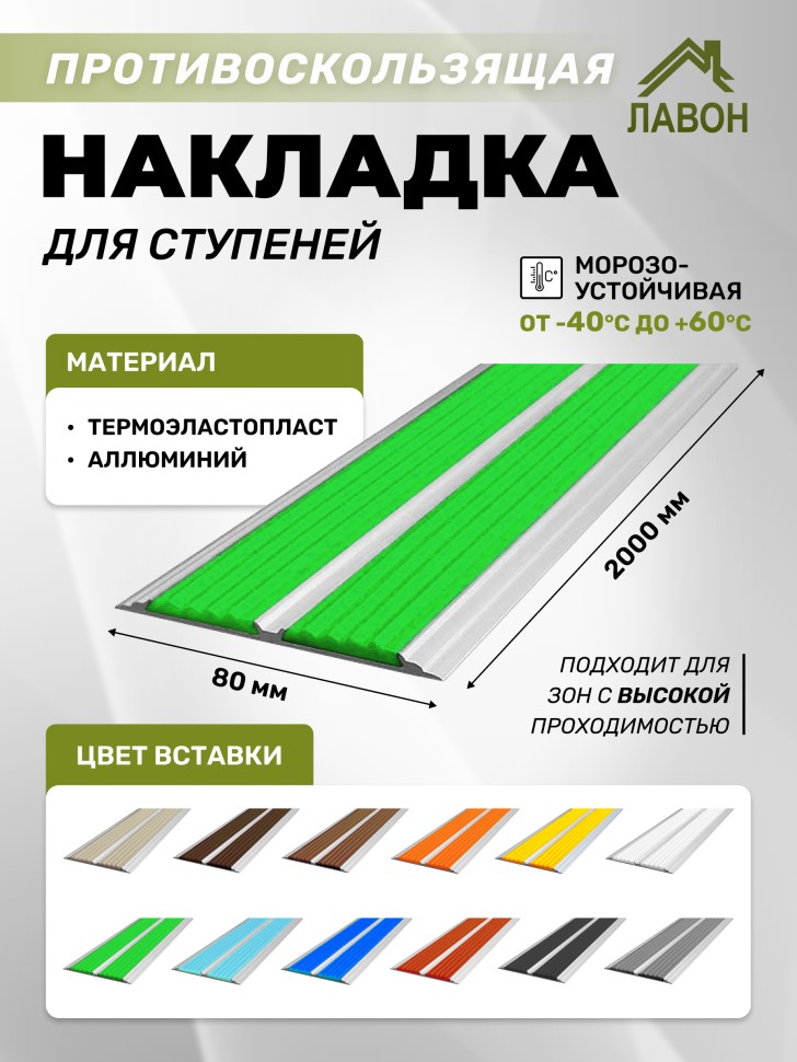 Противоскользящая полоса-порог с двумя вставками 80 мм/6,8 мм ярко-зеленая 2 м