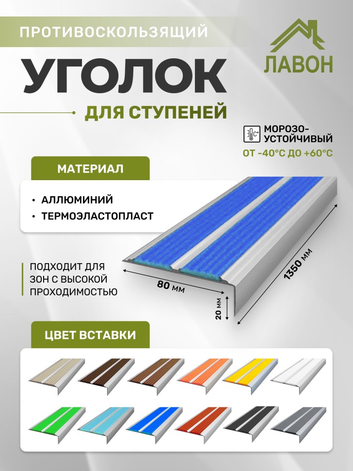 Противоскользящий угол-порог с двумя вставками 80 мм/6,8 мм синий 1,35 м 