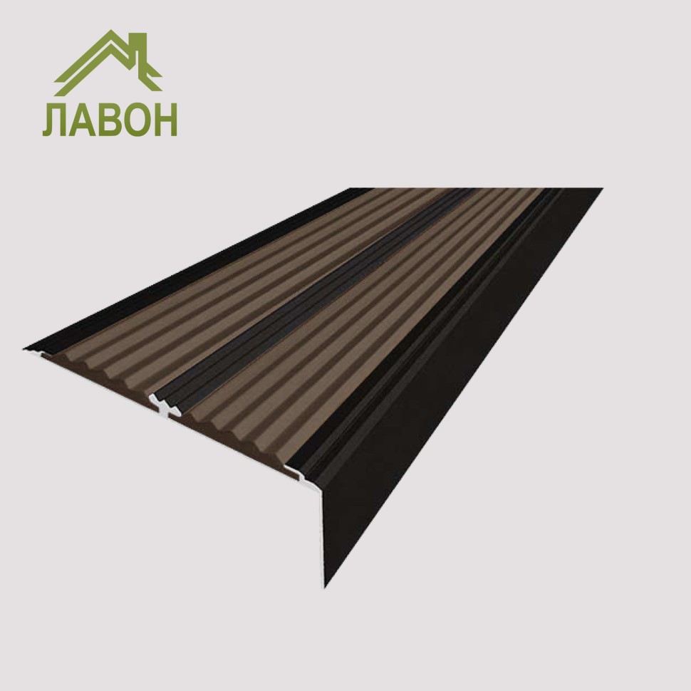 Алюминиевый окрашенный угол-порог с двумя вставками против скольжения 70 мм/5,5 мм/22,5 мм глянцевый черный цвет вставки коричневый 2 метра