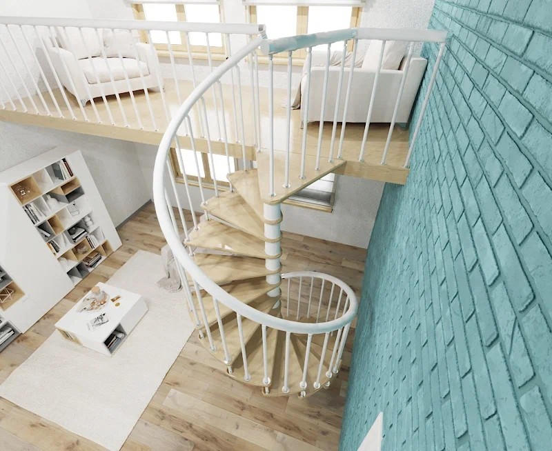 Винтовая лестница Spiral White D120, правая. Проём 1230×1230 мм, высота 2940–3220 мм. Ясень сращенный.