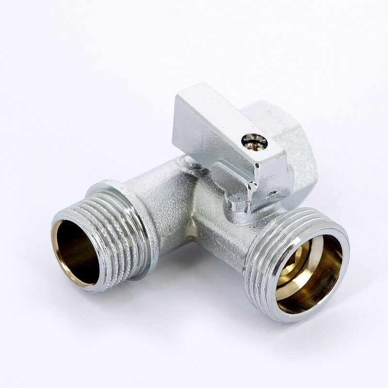 Кран шаровой для стиральных машин UNI-FITT ННВ 1/2 x 3/4 х 1/2 проходной, флажок, хромированный угловой