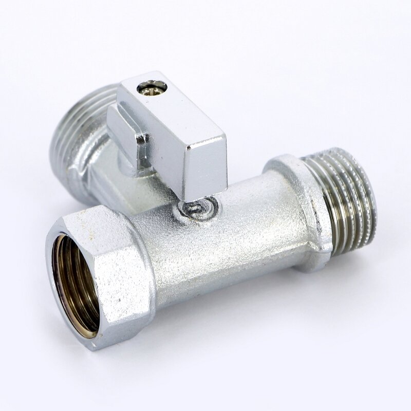 Кран шаровой для стиральных машин UNI-FITT ННВ 1/2 x 3/4 х 1/2 проходной, флажок, хромированный угловой