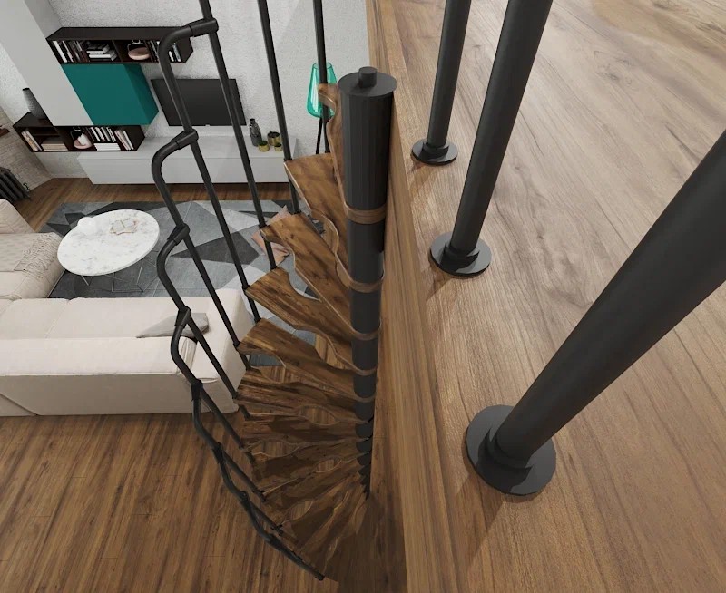 Винтовая лестница Smart Black, правая. Проём 1200×600 мм, высота 2990–3220 мм. Береза мультиплекс.