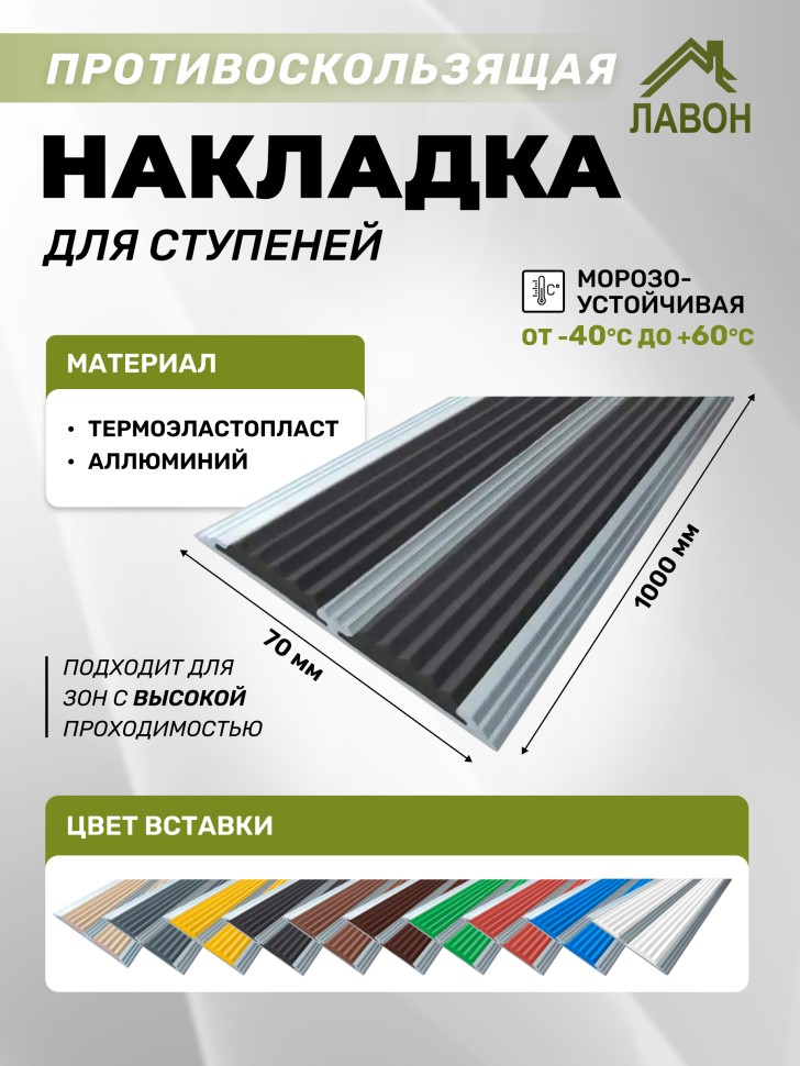 Противоскользящая полоса с двумя вставками 70 мм/5,5 мм черная 1 метр