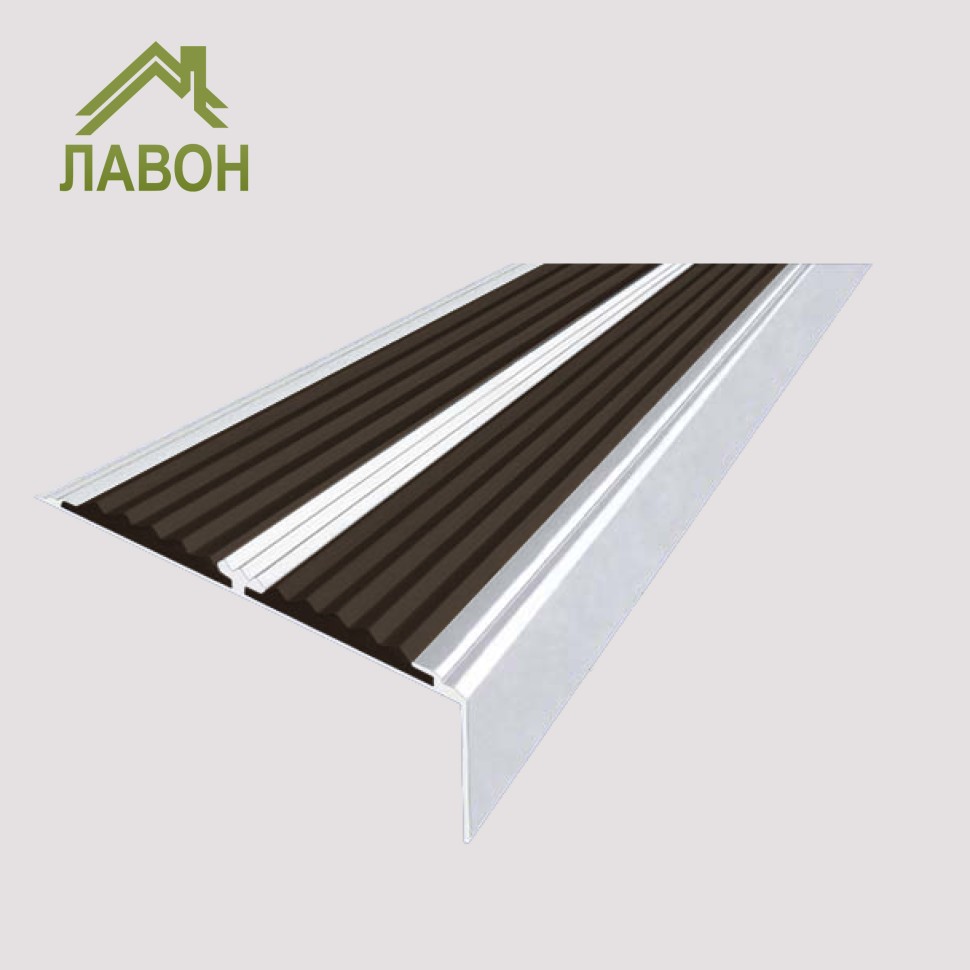 Анодированный угол-порог с двумя вставками против скольжения 70 мм/5,5 мм/22,5 мм матовое серебро, цвет вставки темно-коричневый 3 метра