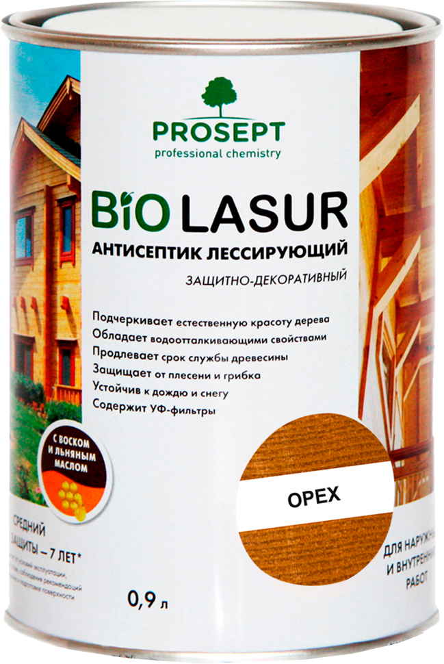 Антисептик лессирующий защитно-декоративный PROSEPT BiO LASUR / орех / 0,9 л (упак. 12 шт)