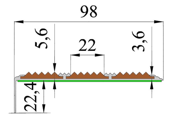 Противоскользящий самоклеющийся угол-порог с тремя вставками 98 мм зеленый 1,33 метра