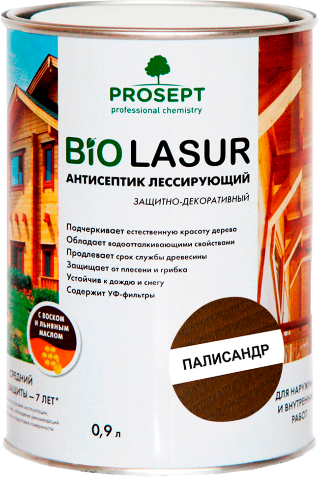 Антисептик лессирующий защитно-декоративный PROSEPT BiO LASUR / палисандр / 0,9 л (упак. 12 шт)