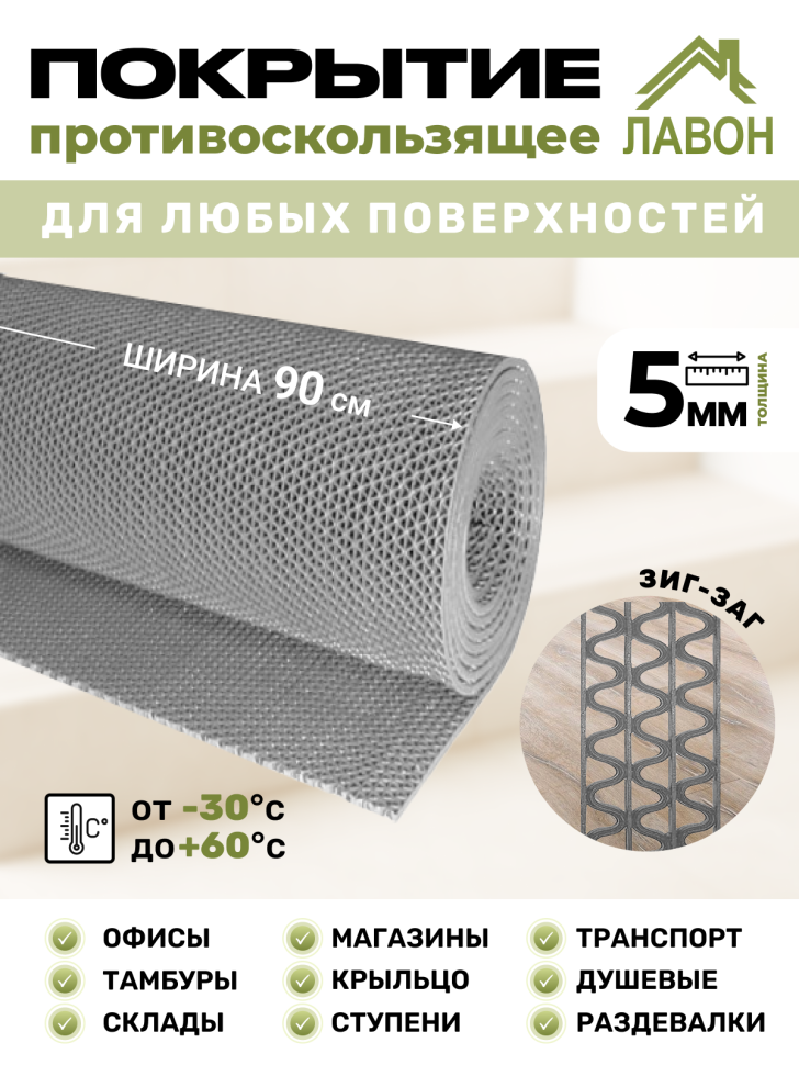 Противоскользящее покрытие Зиг-Заг Серое 0,9 х 2,5 м без подложки (сквозные ячейки), толщина 4,5мм