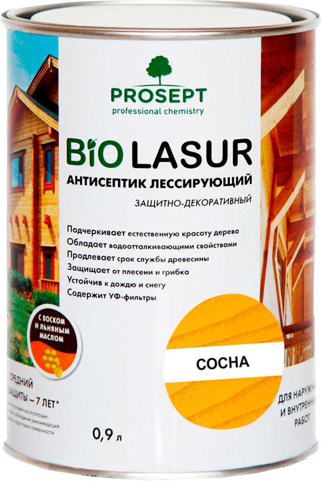Антисептик лессирующий защитно-декоративный PROSEPT BiO LASUR / сосна / 0,9 л (упак. 12 шт)