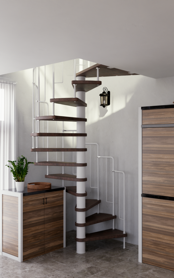 Винтовая лестница Spiral Loft White D140, левая. Проём 1430×1430 мм, высота 2940–3220 мм. Береза мультиплекс.