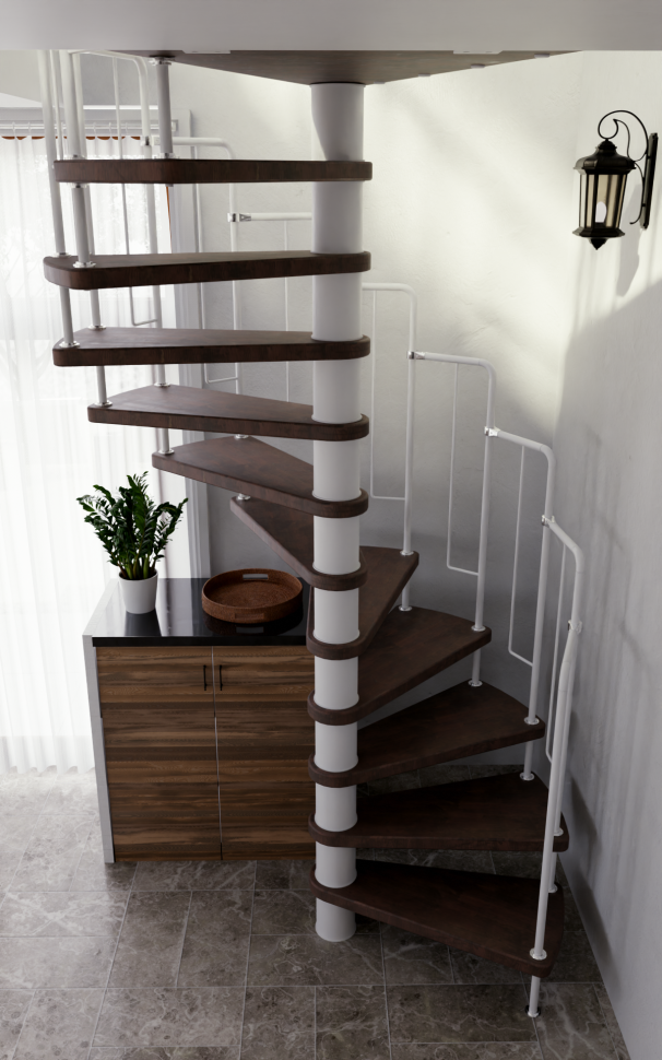 Винтовая лестница Spiral Loft White D140, левая. Проём 1430×1430 мм, высота 2520–2760 мм. Береза мультиплекс.