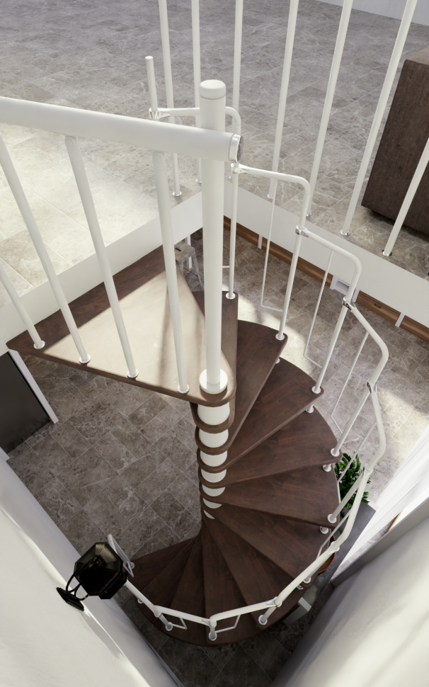 Винтовая лестница Spiral Loft White D140, левая. Проём 1430×1430 мм, высота 2520–2760 мм. Береза мультиплекс.