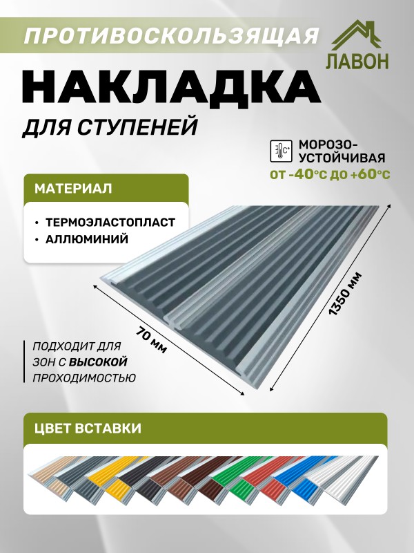 Противоскользящая полоса с двумя вставками 70 мм/5,5 мм серая 1,35 метра