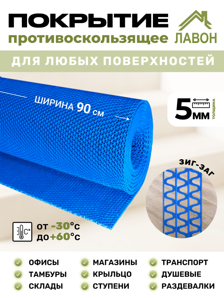 Противоскользящее покрытие Зиг-Заг Синее 0,9 х 2,5 м без подложки (сквозные ячейки), толщина 4,5мм