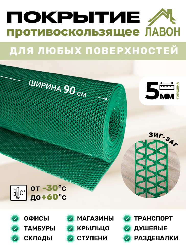 Противоскользящее покрытие Зиг-Заг Зеленое 0,9 х 5 м без подложки (сквозные ячейки), толщина 4,5мм