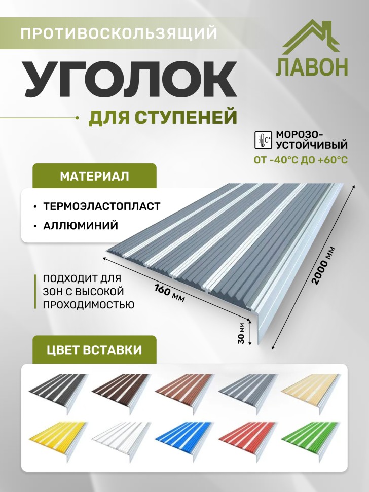 Противоскользящий угол с пятью вставками 160 мм/6 мм/30 мм серый 2 метра