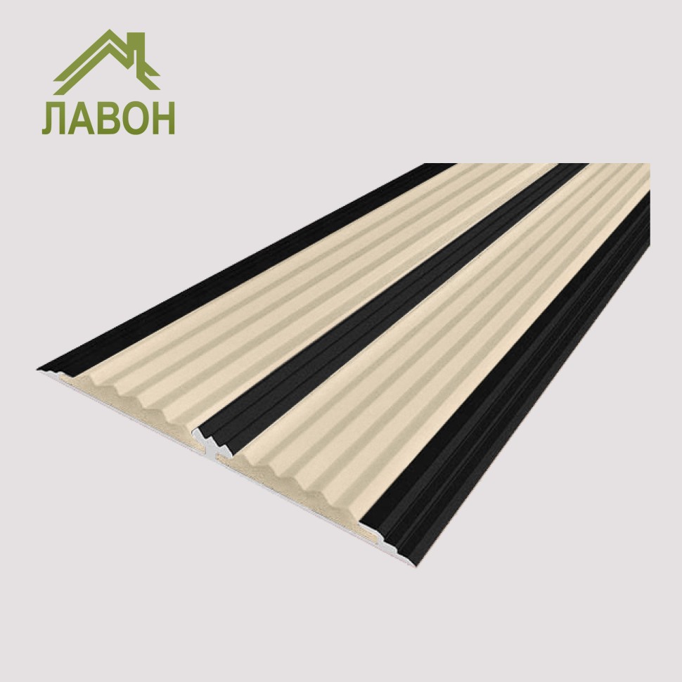 Анодированная полоса с двумя вставками против скольжения 70 мм/5,5 мм 2 метра матовая черная, цвет вставки бежевый