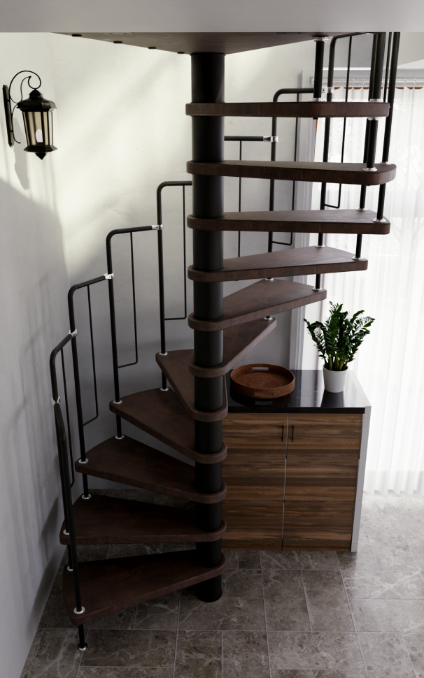 Винтовая лестница Spiral Loft Black D140, левая. Проём 1430×1430 мм, высота 2520–2760 мм. Береза мультиплекс.