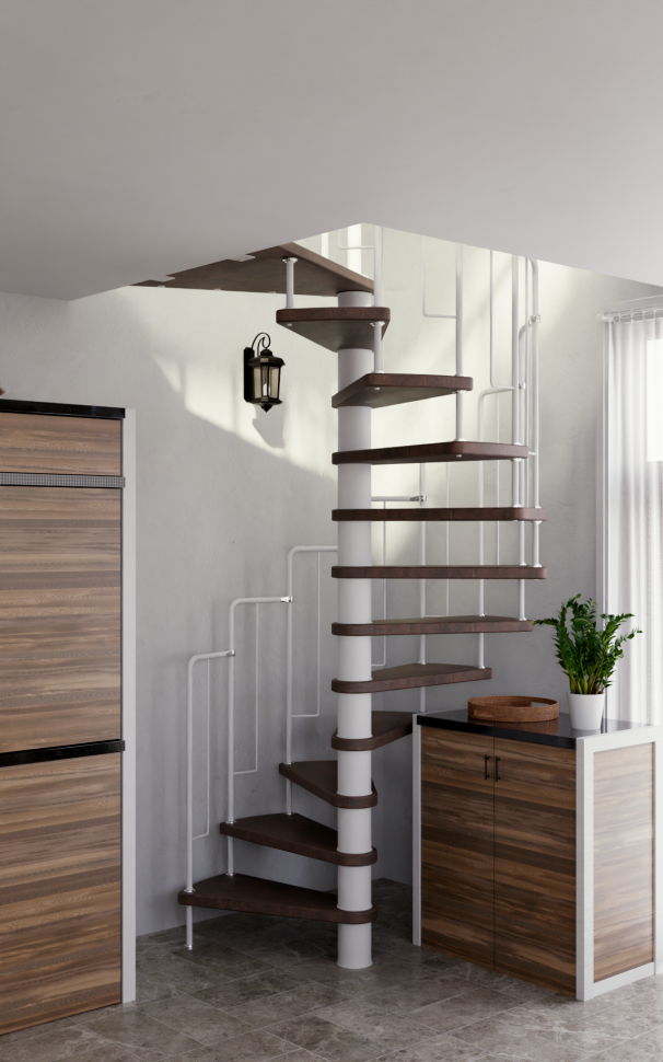 Винтовая лестница Spiral Loft White D120, правая. Проём 1230×1230 мм, высота 2730–2990 мм. Бук сращенный.