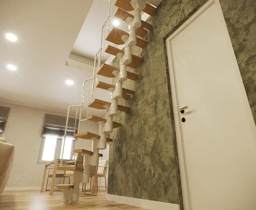 Поворотная модульная лестница Гусиный шаг LOFT White 700 мм. Береза мультиплекс, высота 2200–2750 мм.
